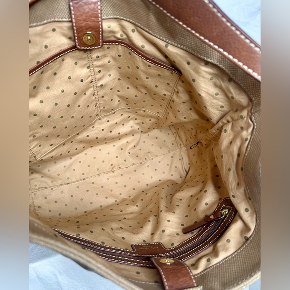 KATE SPADE Brown Leather Gold Canvas Shoulder Tote Bucket Market Carryall Bag - Picture 9 of 10